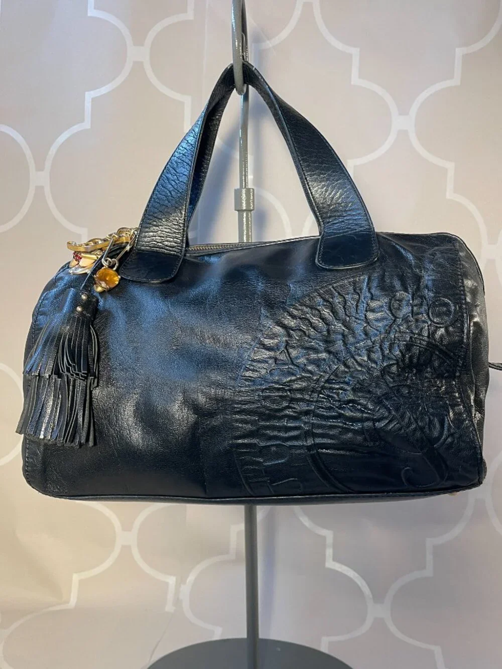 Juicy Couture Y2K Black Leather Bowling Shoulder Bag Tassel Logo Purse